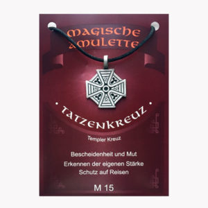 Anhänger Tatzenkreuz - Magische Amulette aus Zinn auf großer Karte mit Infoheft