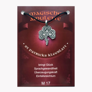 Anhänger St.Patricks Kleeblatt - Magische Amulette aus Zinn auf großer Karte mit Infoheft