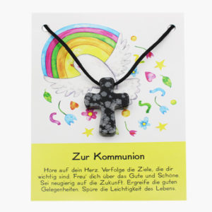 Schneeflockenobsidian Kreuz zur Kommunion auf Karte