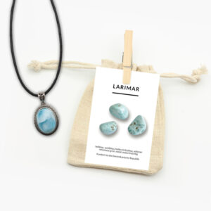 Larimar Anhänger mit Lederband und Beschreibungskarte