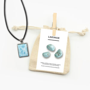 Larimar Anhänger mit Lederband und Beschreibungskarte