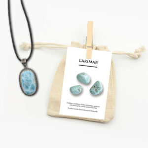 Larimar Anhänger mit Lederband und Beschreibungskarte