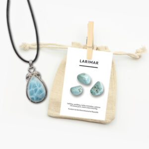 Larimar Anhänger mit Lederband und Beschreibungskarte