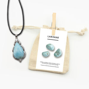 Larimar Anhänger mit Lederband und Beschreibungskarte