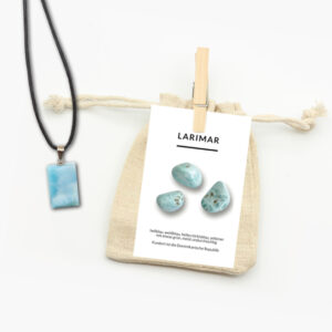 Larimar Anhänger mit Lederband und Beschreibungskarte