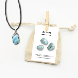 Larimar Anhänger mit Lederband und Beschreibungskarte