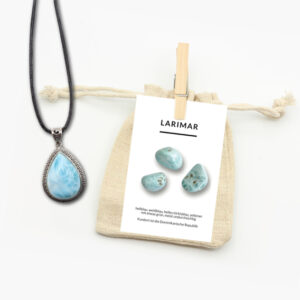 Larimar Anhänger mit Lederband und Beschreibungskarte