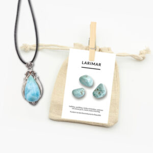 Larimar Anhänger mit Lederband und Beschreibungskarte