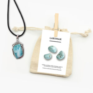 Larimar Anhänger mit Lederband und Beschreibungskarte