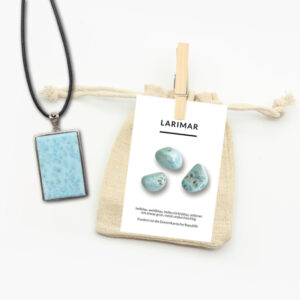 Larimar Anhänger mit Lederband und Beschreibungskarte